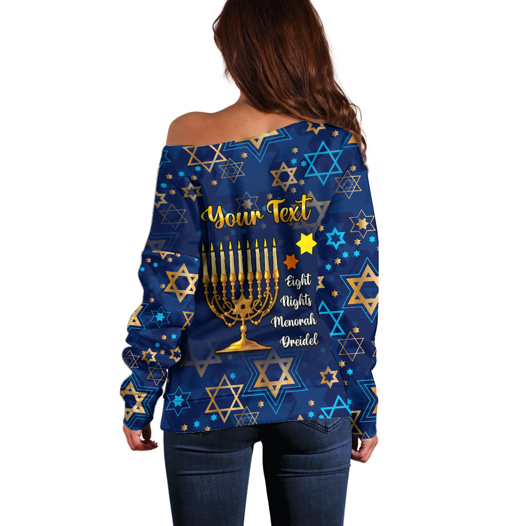 Personalised Hanukkah Festival Off Shoulder Sweater Eight Nights Menorah Dreidel - Wonder Print Shop