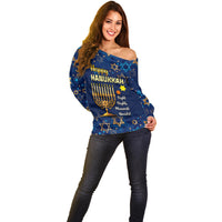Personalised Hanukkah Festival Off Shoulder Sweater Eight Nights Menorah Dreidel - Wonder Print Shop