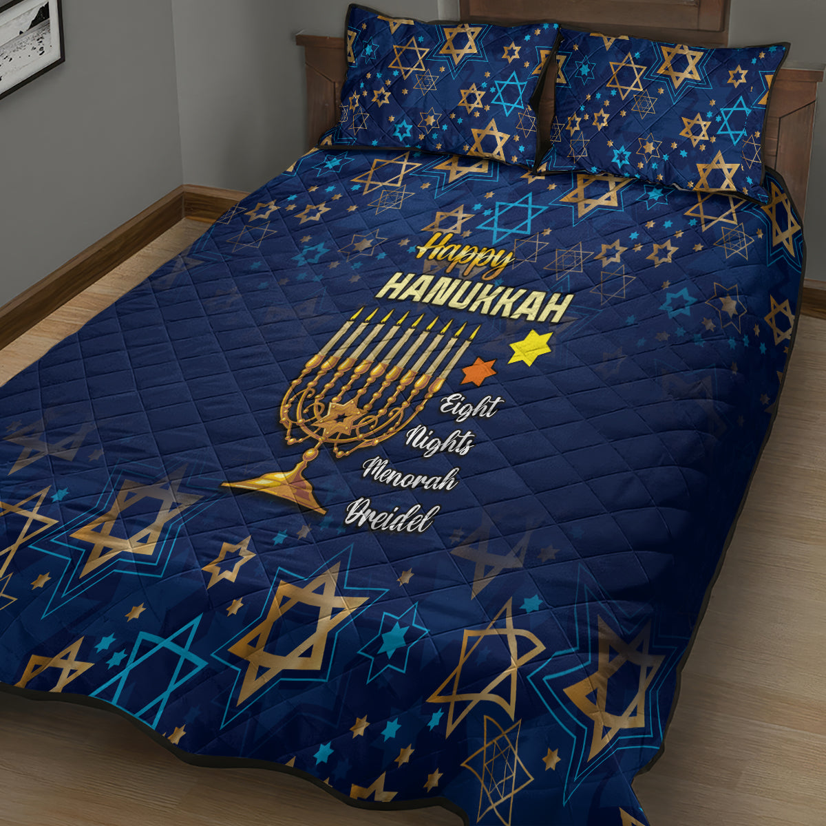 Hanukkah Festival Quilt Bed Set Eight Nights Menorah Dreidel - Wonder Print Shop