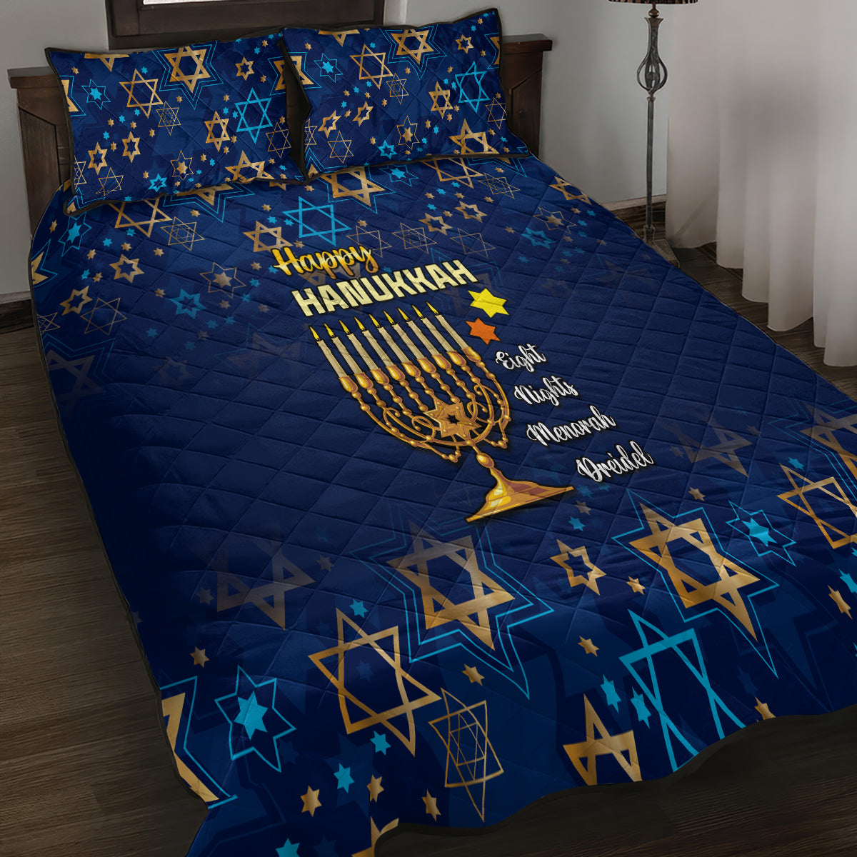 Hanukkah Festival Quilt Bed Set Eight Nights Menorah Dreidel - Wonder Print Shop