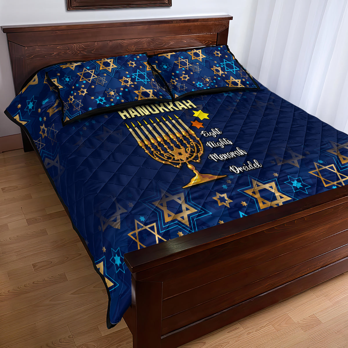 Hanukkah Festival Quilt Bed Set Eight Nights Menorah Dreidel - Wonder Print Shop