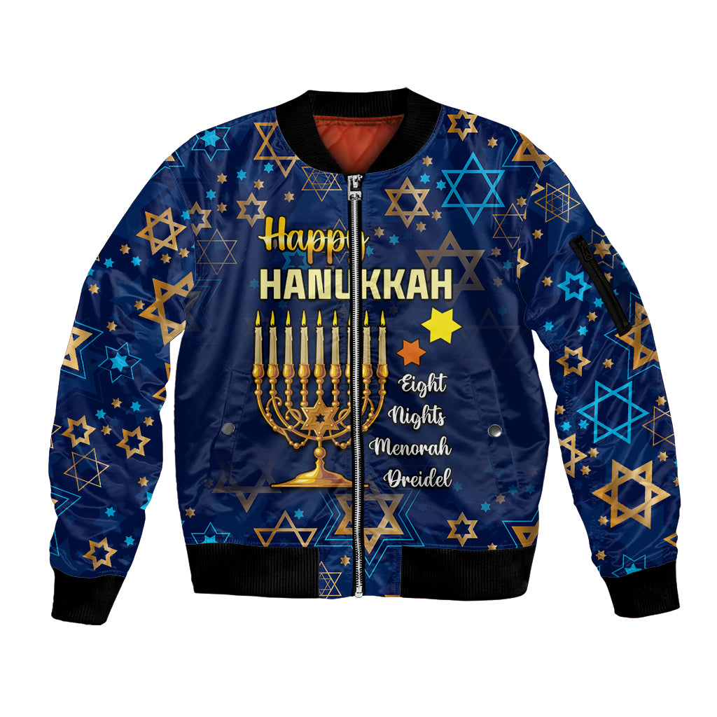Personalised Hanukkah Festival Sleeve Zip Bomber Jacket Eight Nights Menorah Dreidel - Wonder Print Shop