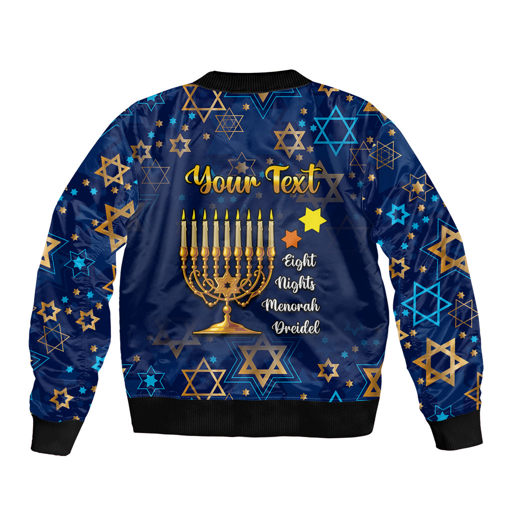 Personalised Hanukkah Festival Sleeve Zip Bomber Jacket Eight Nights Menorah Dreidel - Wonder Print Shop