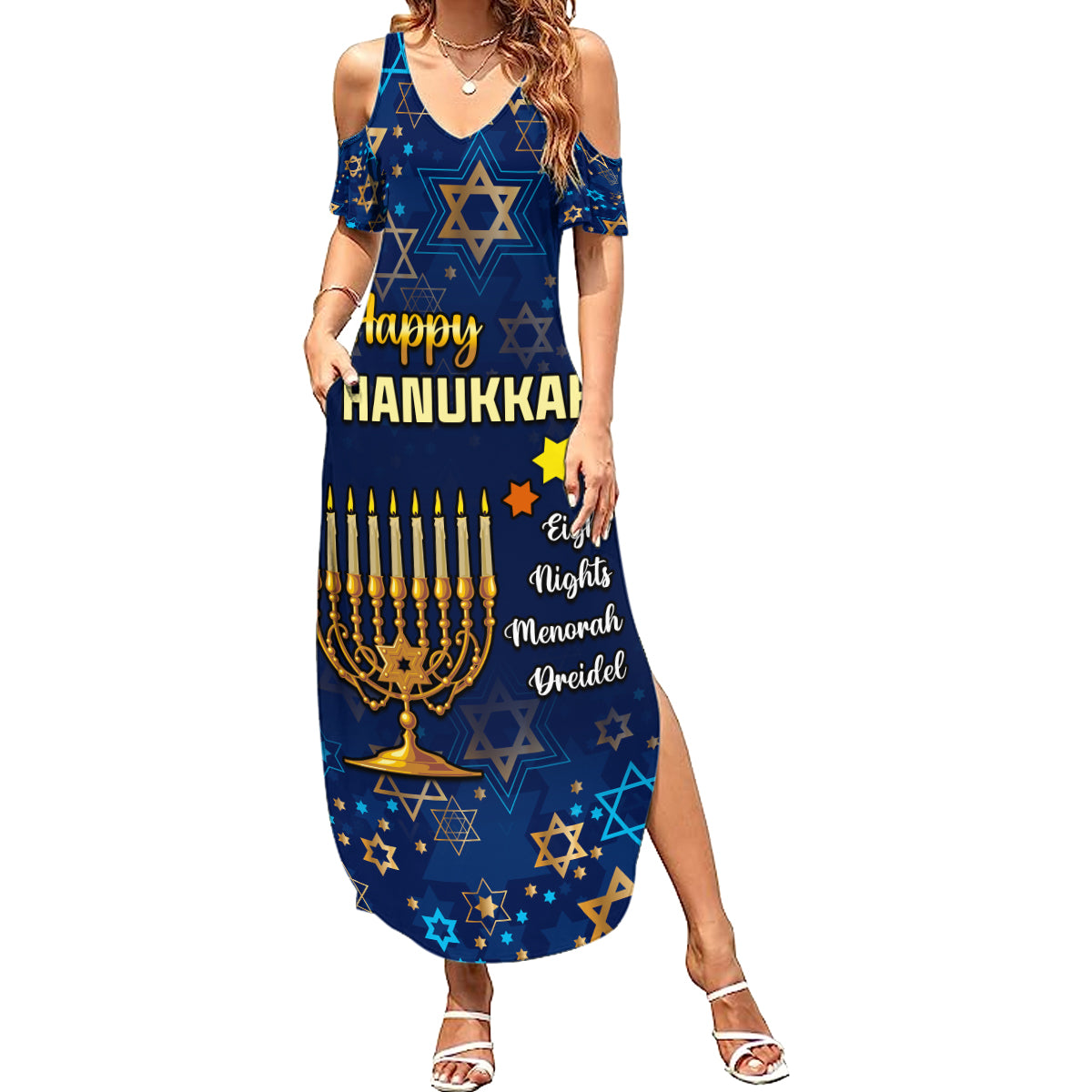 Personalised Hanukkah Festival Summer Maxi Dress Eight Nights Menorah Dreidel - Wonder Print Shop