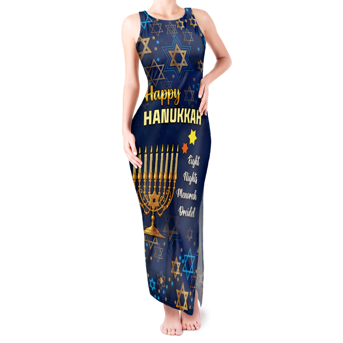 Personalised Hanukkah Festival Tank Maxi Dress Eight Nights Menorah Dreidel - Wonder Print Shop