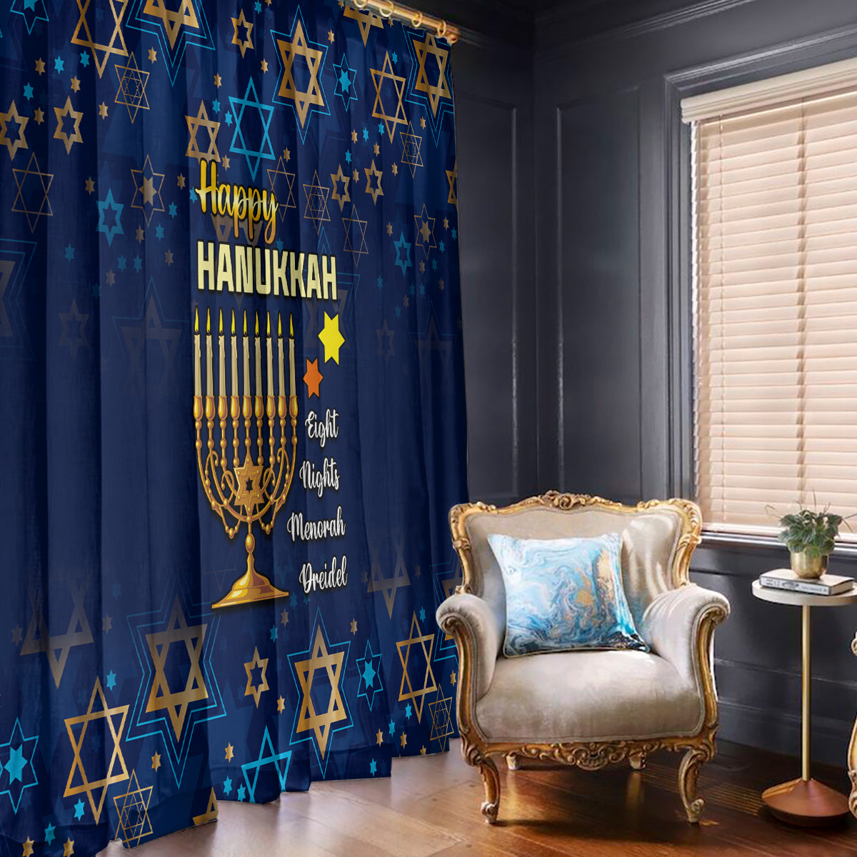 Hanukkah Festival Window Curtain Eight Nights Menorah Dreidel - Wonder Print Shop