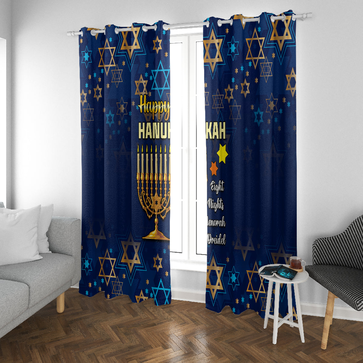 Hanukkah Festival Window Curtain Eight Nights Menorah Dreidel - Wonder Print Shop