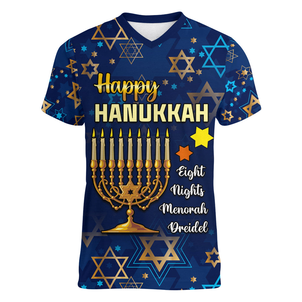 Personalised Hanukkah Festival Women V Neck T Shirt Eight Nights Menorah Dreidel - Wonder Print Shop
