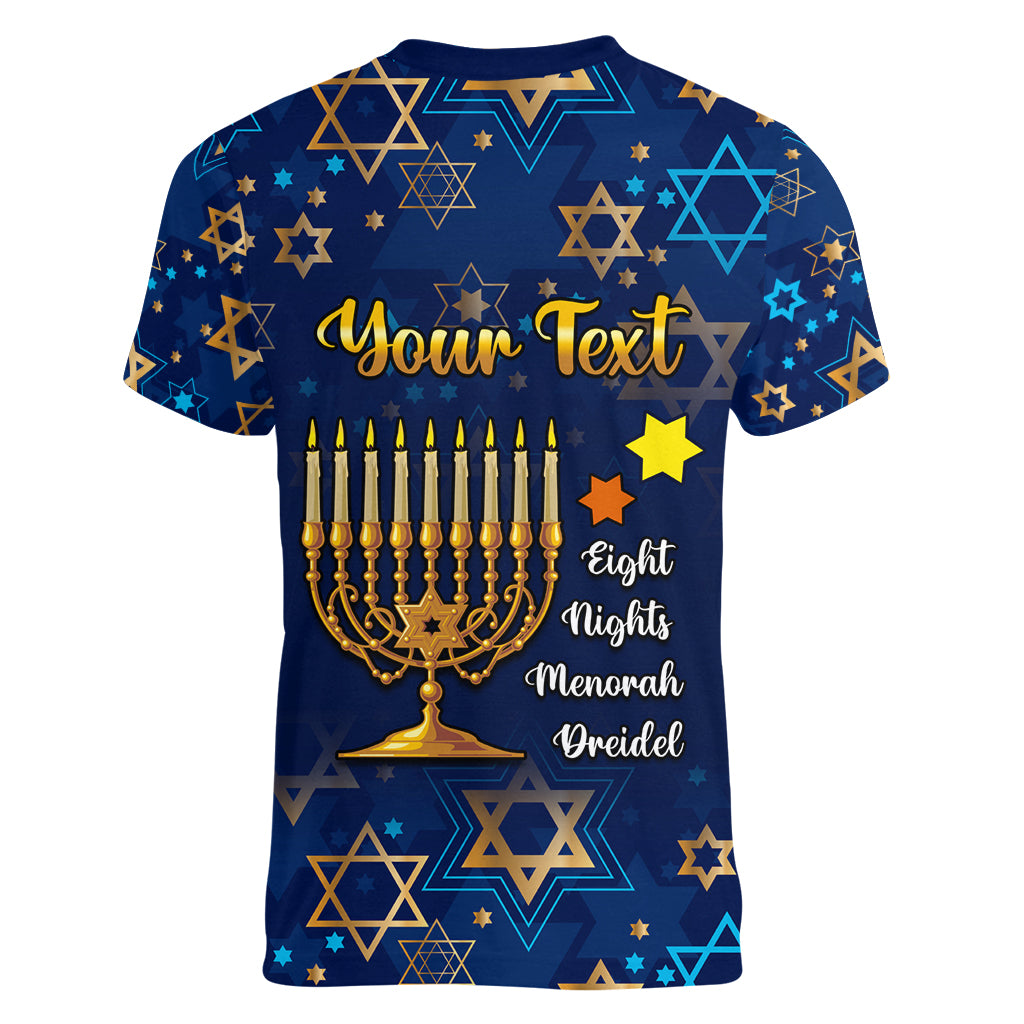 Personalised Hanukkah Festival Women V Neck T Shirt Eight Nights Menorah Dreidel - Wonder Print Shop