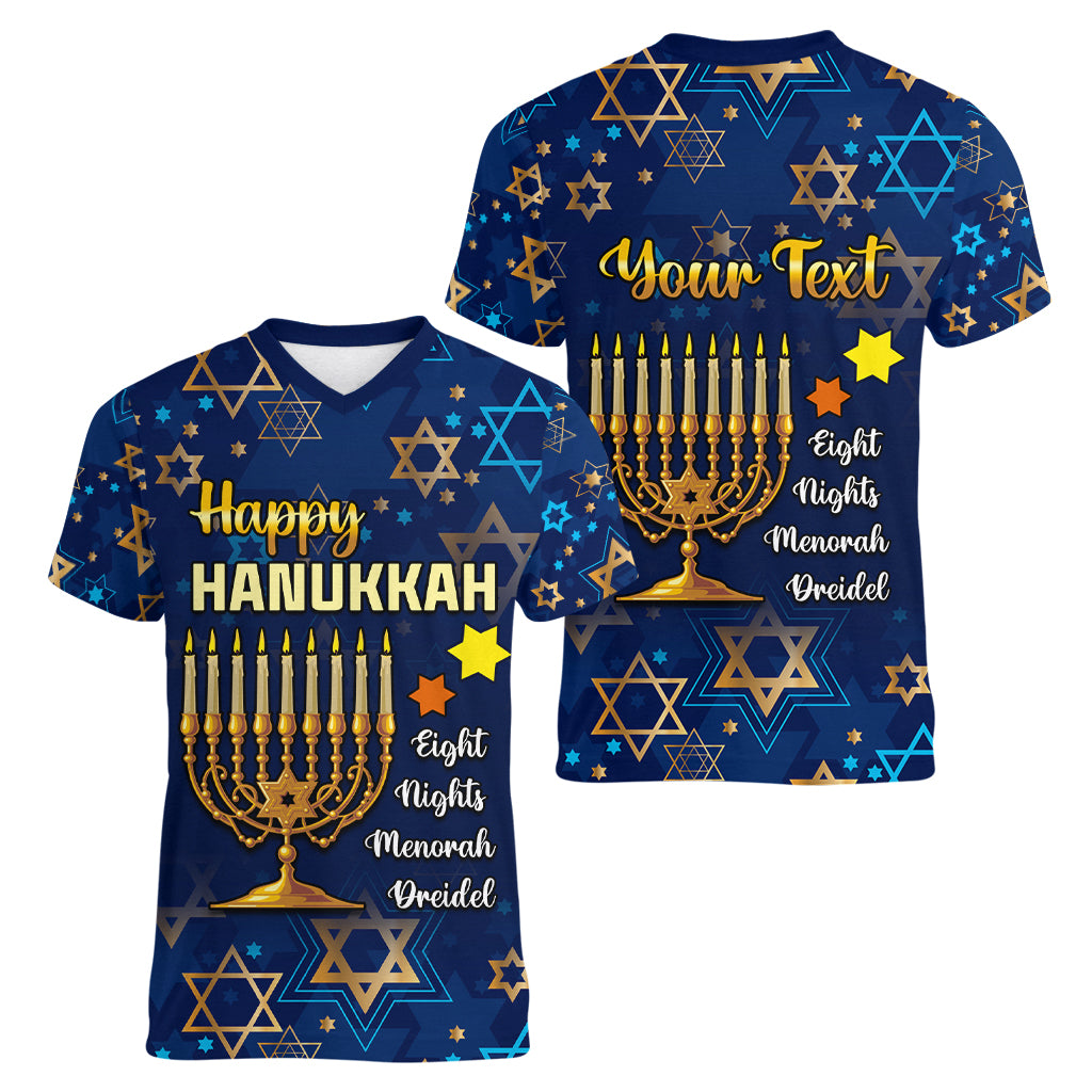 Personalised Hanukkah Festival Women V Neck T Shirt Eight Nights Menorah Dreidel - Wonder Print Shop