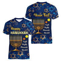 Personalised Hanukkah Festival Women V Neck T Shirt Eight Nights Menorah Dreidel - Wonder Print Shop