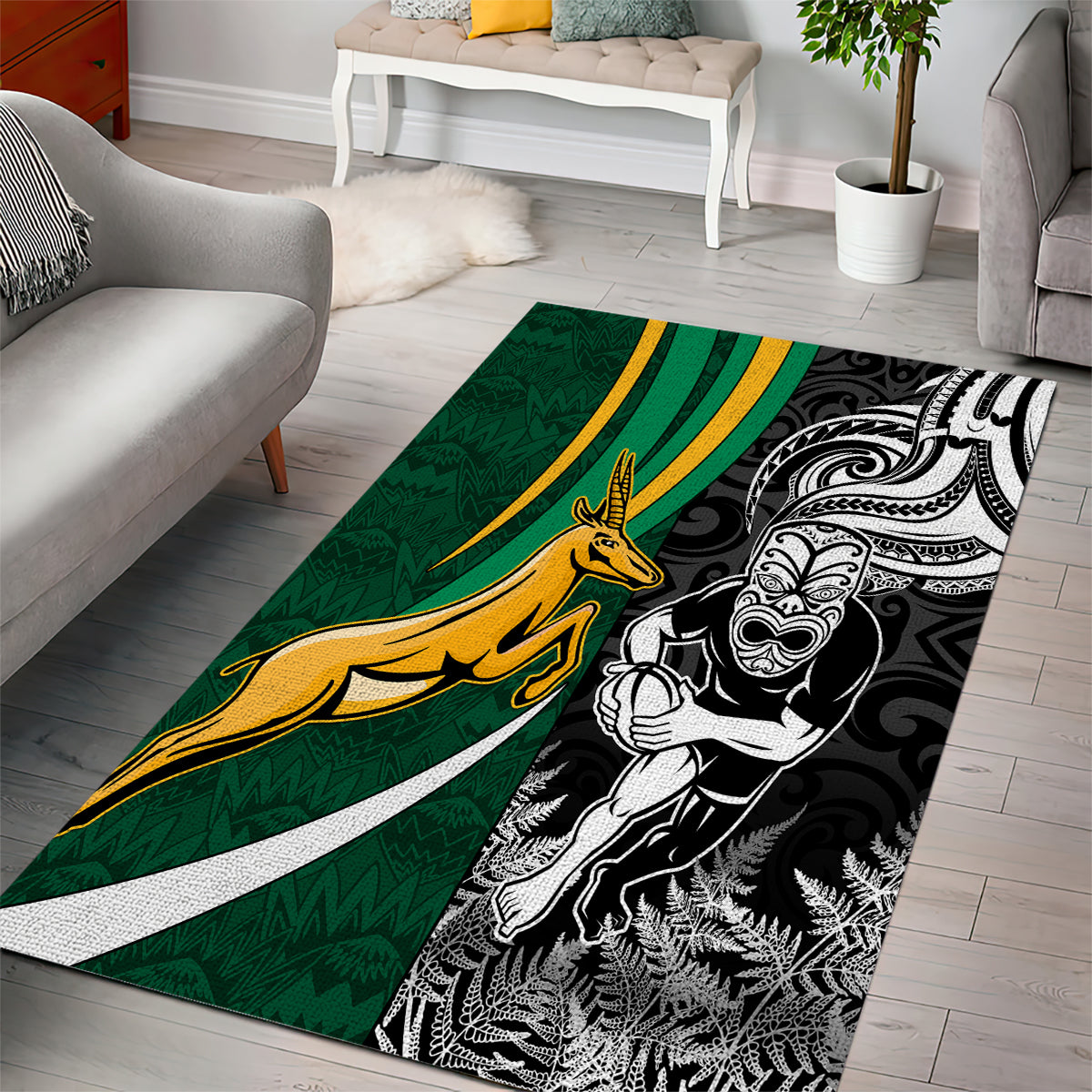 Custom New Zealand and South Africa Rugby Area Rug Silver Fern Protea Pattern World Cup 2023 - Wonder Print Shop