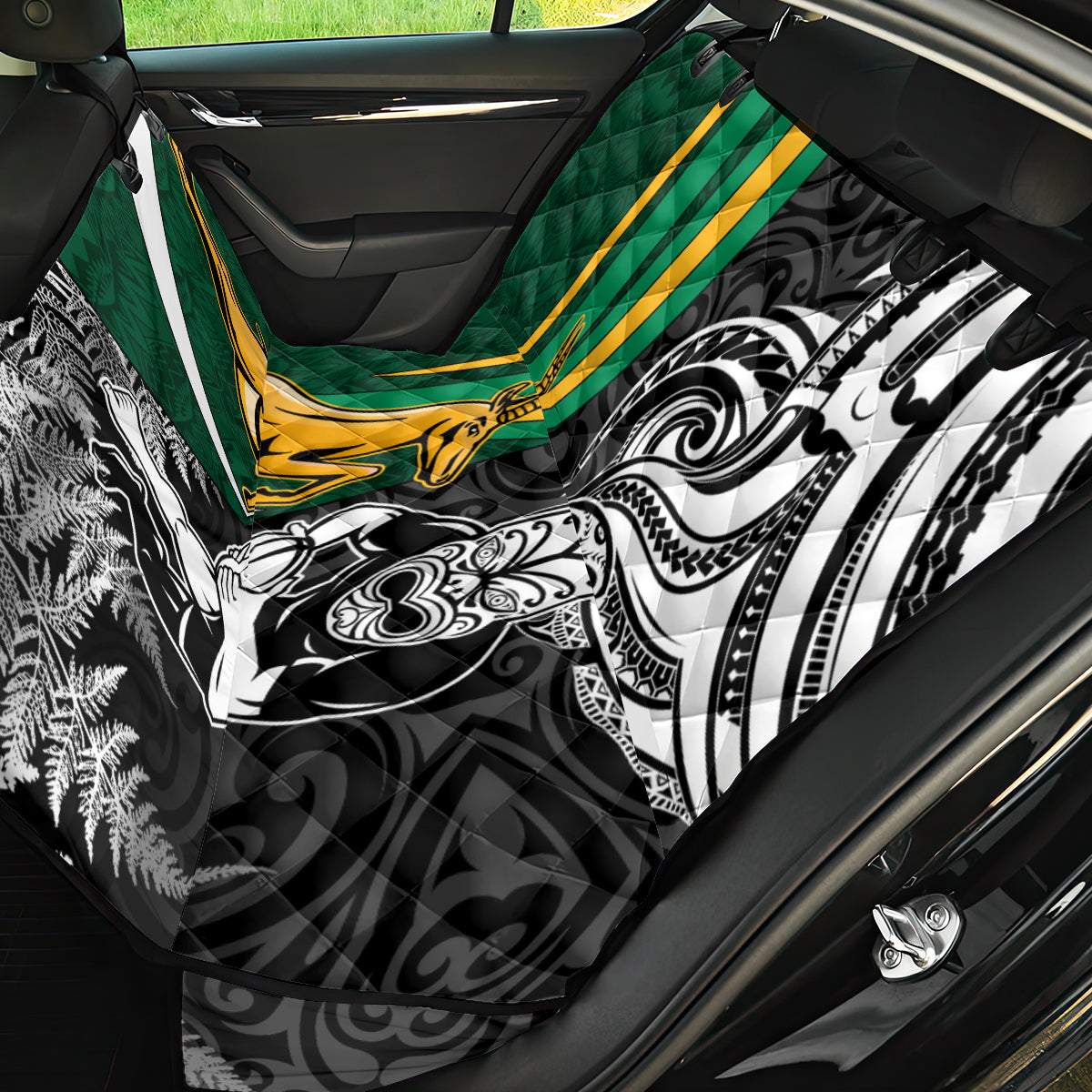 Custom New Zealand and South Africa Rugby Back Car Seat Cover Silver Fern Protea Pattern World Cup 2023 - Wonder Print Shop