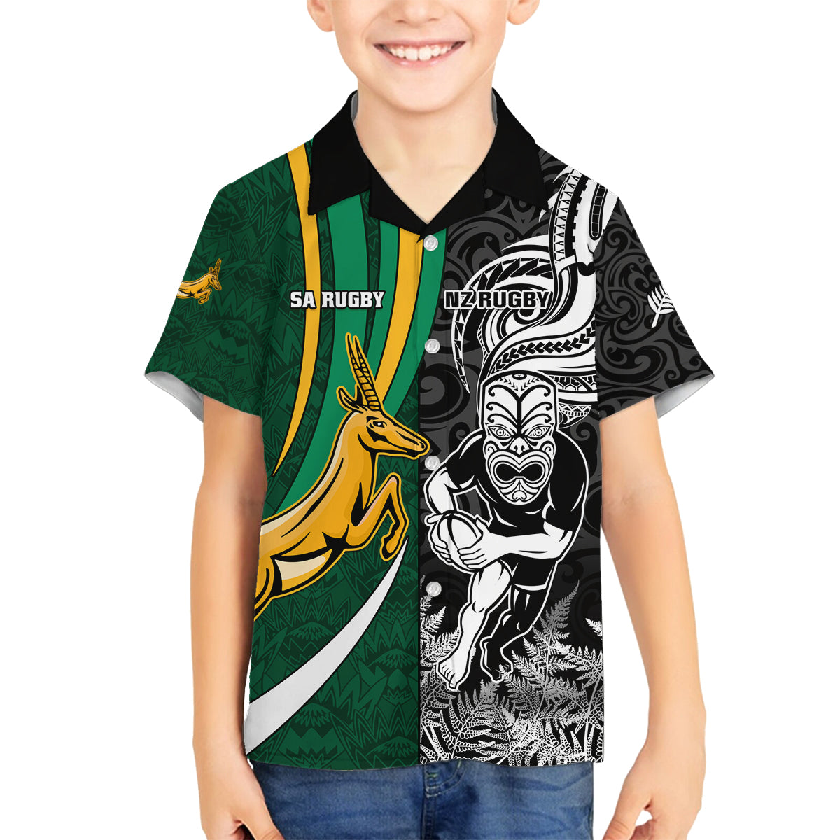 Custom New Zealand and South Africa Rugby Family Matching Off Shoulder Maxi Dress and Hawaiian Shirt Silver Fern Protea Pattern World Cup 2023 - Wonder Print Shop