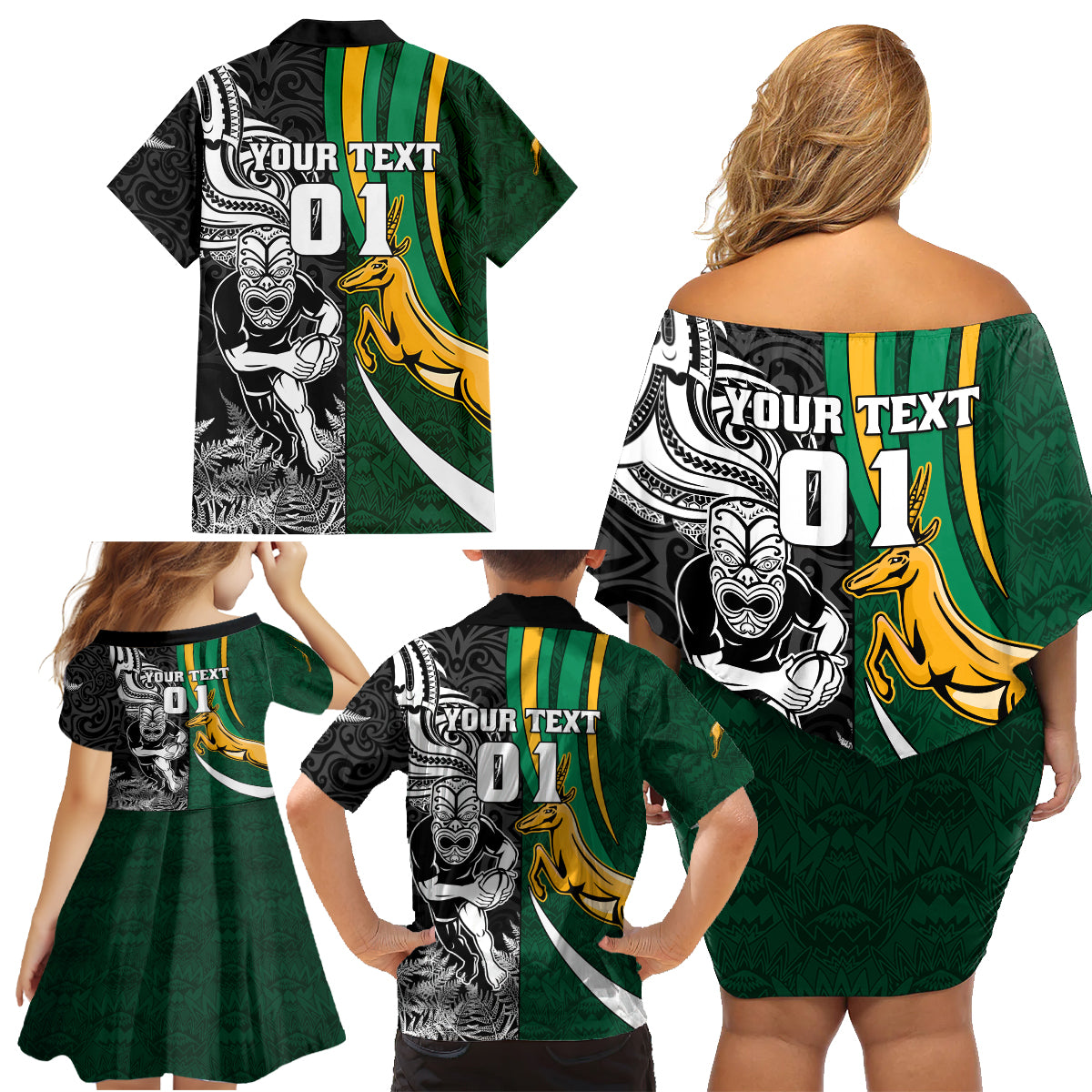 Custom New Zealand and South Africa Rugby Family Matching Off Shoulder Short Dress and Hawaiian Shirt Silver Fern Protea Pattern World Cup 2023 - Wonder Print Shop