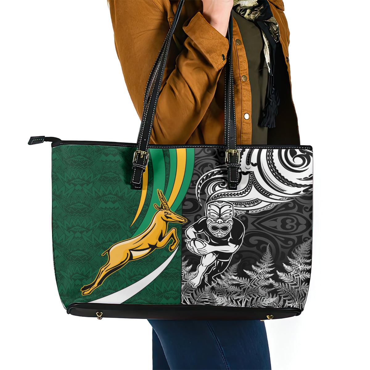 Custom New Zealand and South Africa Rugby Leather Tote Bag Silver Fern Protea Pattern World Cup 2023 - Wonder Print Shop