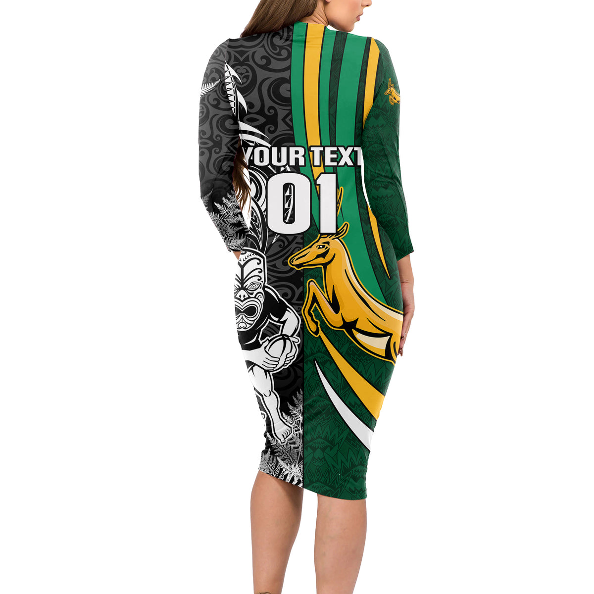 Custom New Zealand and South Africa Rugby Long Sleeve Bodycon Dress Silver Fern Protea Pattern World Cup 2023 - Wonder Print Shop