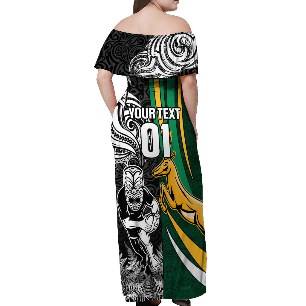 Custom New Zealand and South Africa Rugby Off Shoulder Maxi Dress Silver Fern Protea Pattern World Cup 2023 - Wonder Print Shop