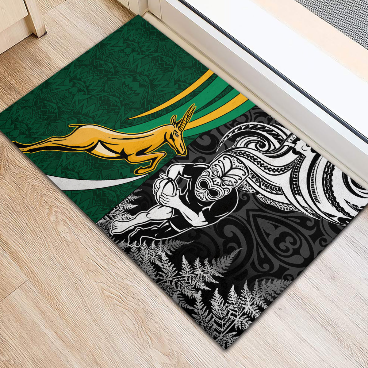 Custom New Zealand and South Africa Rugby Rubber Doormat Silver Fern Protea Pattern World Cup 2023 - Wonder Print Shop