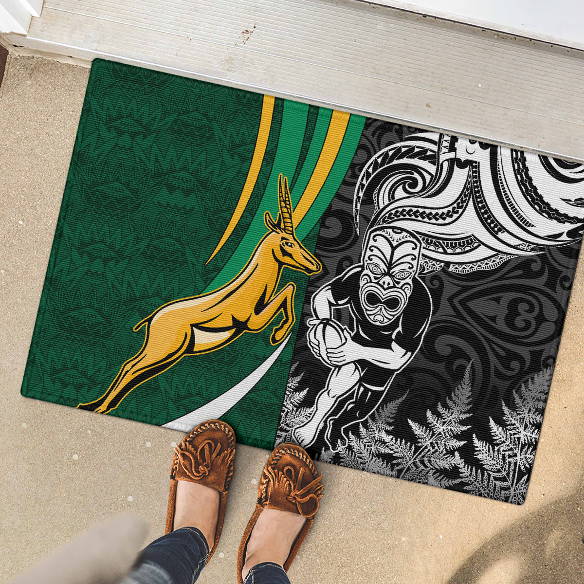 Custom New Zealand and South Africa Rugby Rubber Doormat Silver Fern Protea Pattern World Cup 2023 - Wonder Print Shop