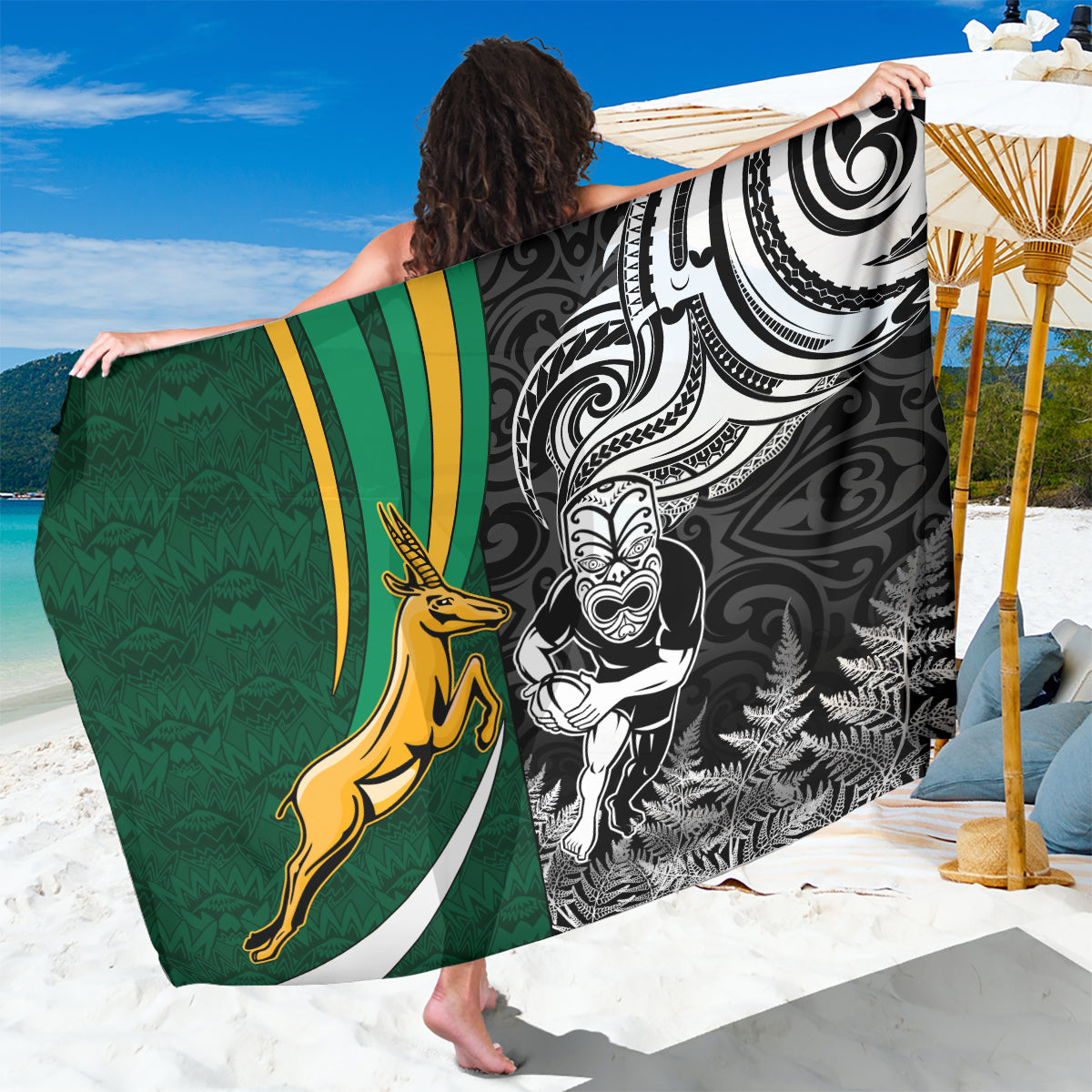 Custom New Zealand and South Africa Rugby Sarong Silver Fern Protea Pattern World Cup 2023 - Wonder Print Shop