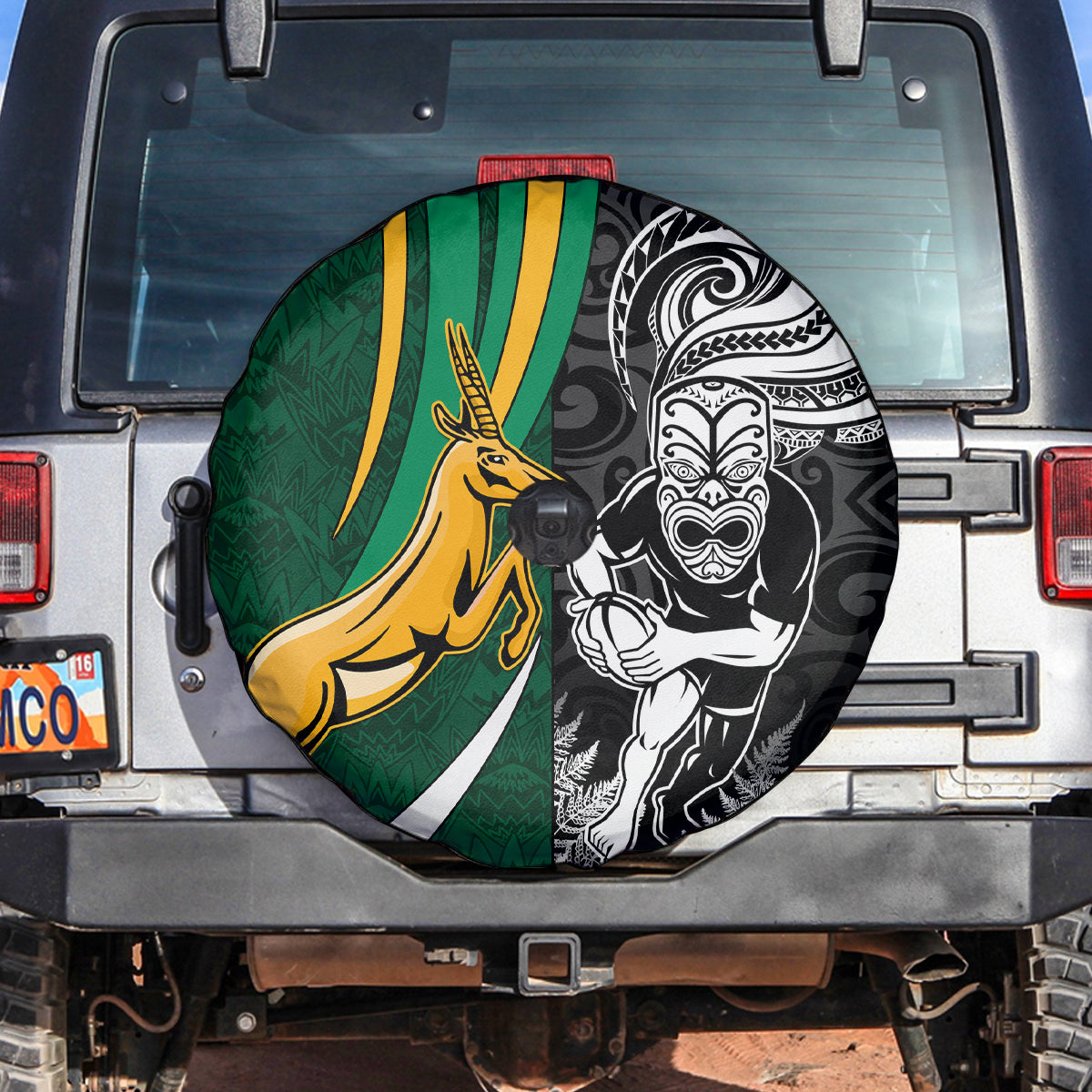 Custom New Zealand and South Africa Rugby Spare Tire Cover Silver Fern Protea Pattern World Cup 2023 - Wonder Print Shop