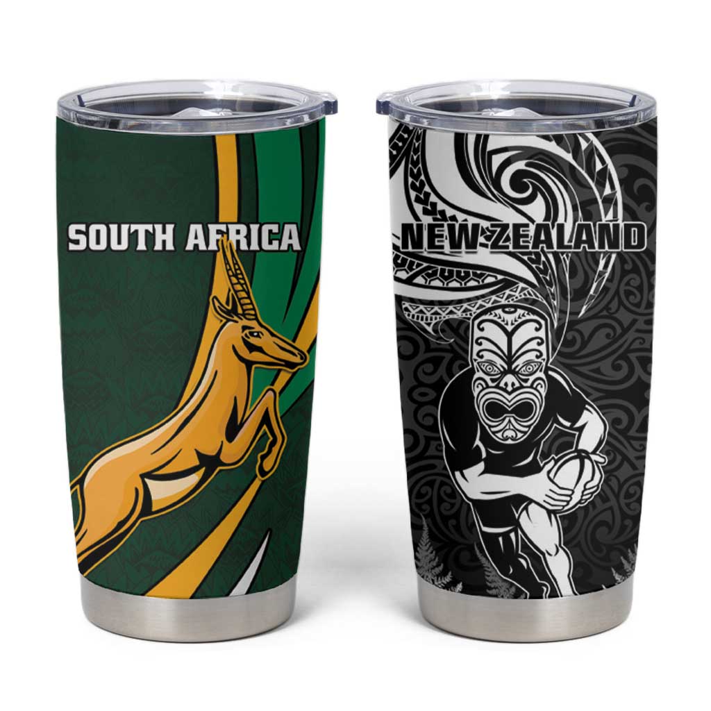 New Zealand and South Africa Rugby Tumbler Cup Silver Fern Protea Pattern - Wonder Print Shop