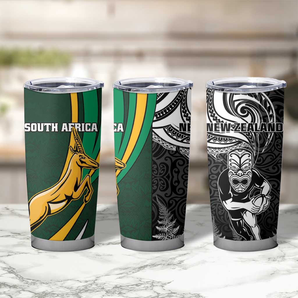 New Zealand and South Africa Rugby Tumbler Cup Silver Fern Protea Pattern - Wonder Print Shop