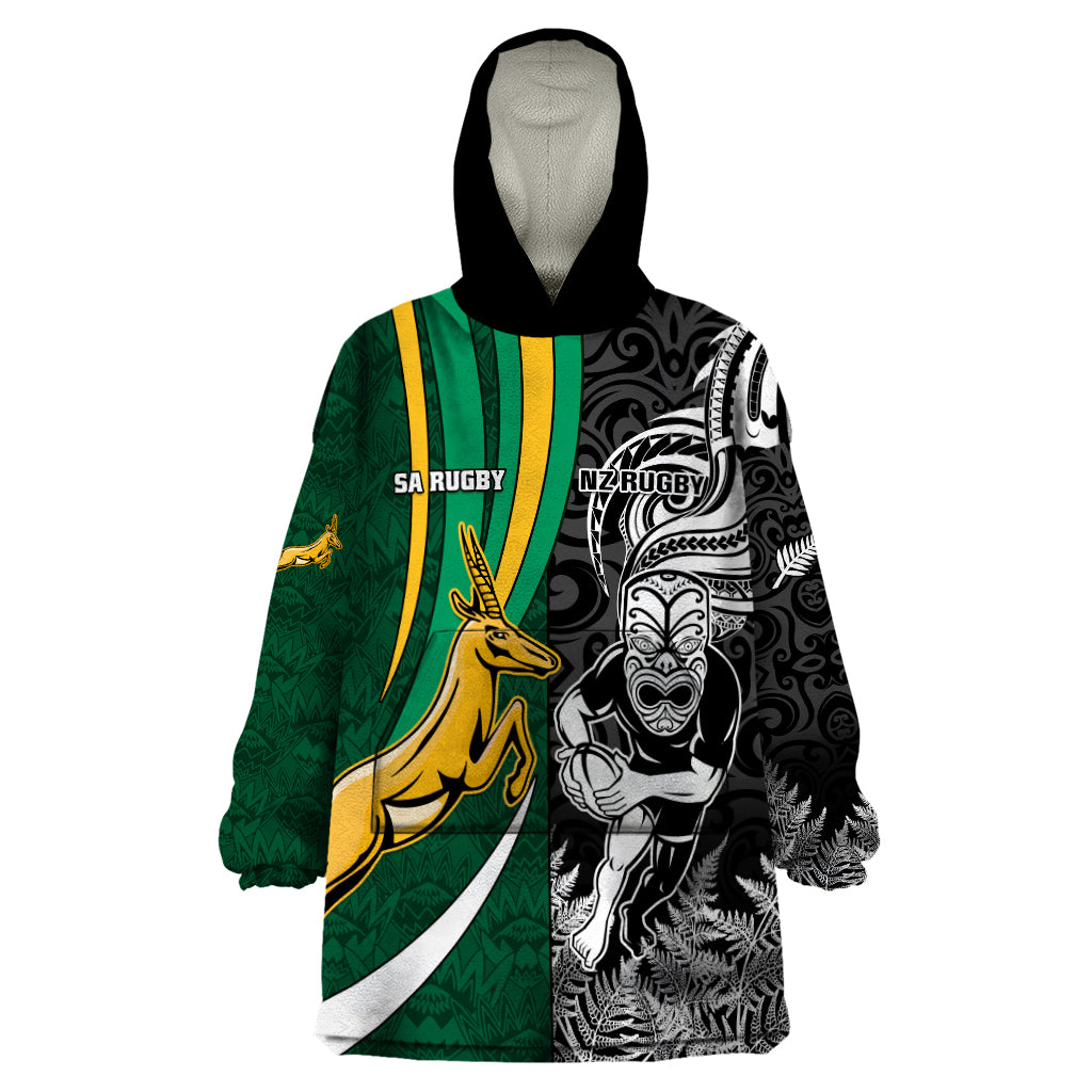 Custom New Zealand and South Africa Rugby Wearable Blanket Hoodie Silver Fern Protea Pattern World Cup 2023 - Wonder Print Shop