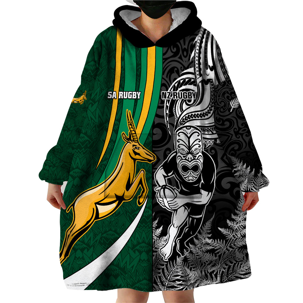 Custom New Zealand and South Africa Rugby Wearable Blanket Hoodie Silver Fern Protea Pattern World Cup 2023 - Wonder Print Shop