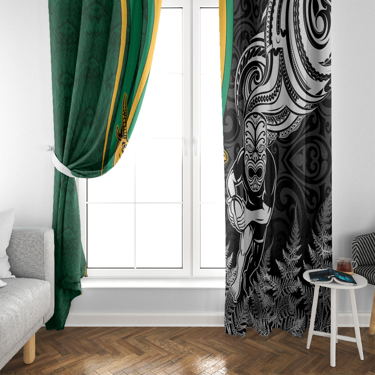 Custom New Zealand and South Africa Rugby Window Curtain Silver Fern Protea Pattern World Cup 2023 - Wonder Print Shop
