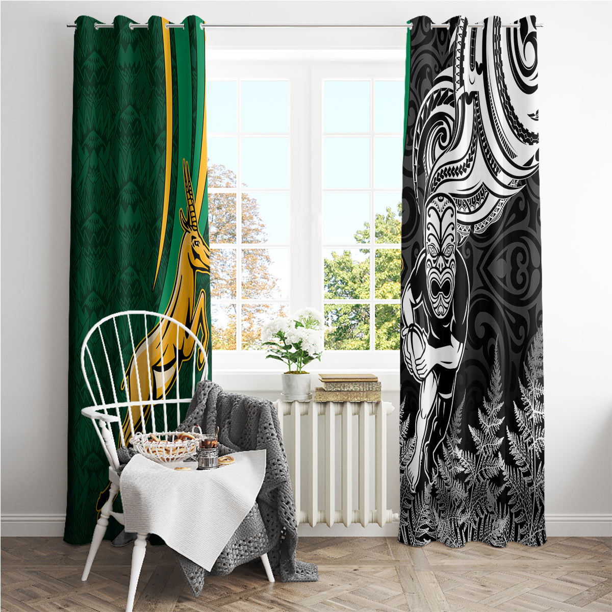 Custom New Zealand and South Africa Rugby Window Curtain Silver Fern Protea Pattern World Cup 2023 - Wonder Print Shop