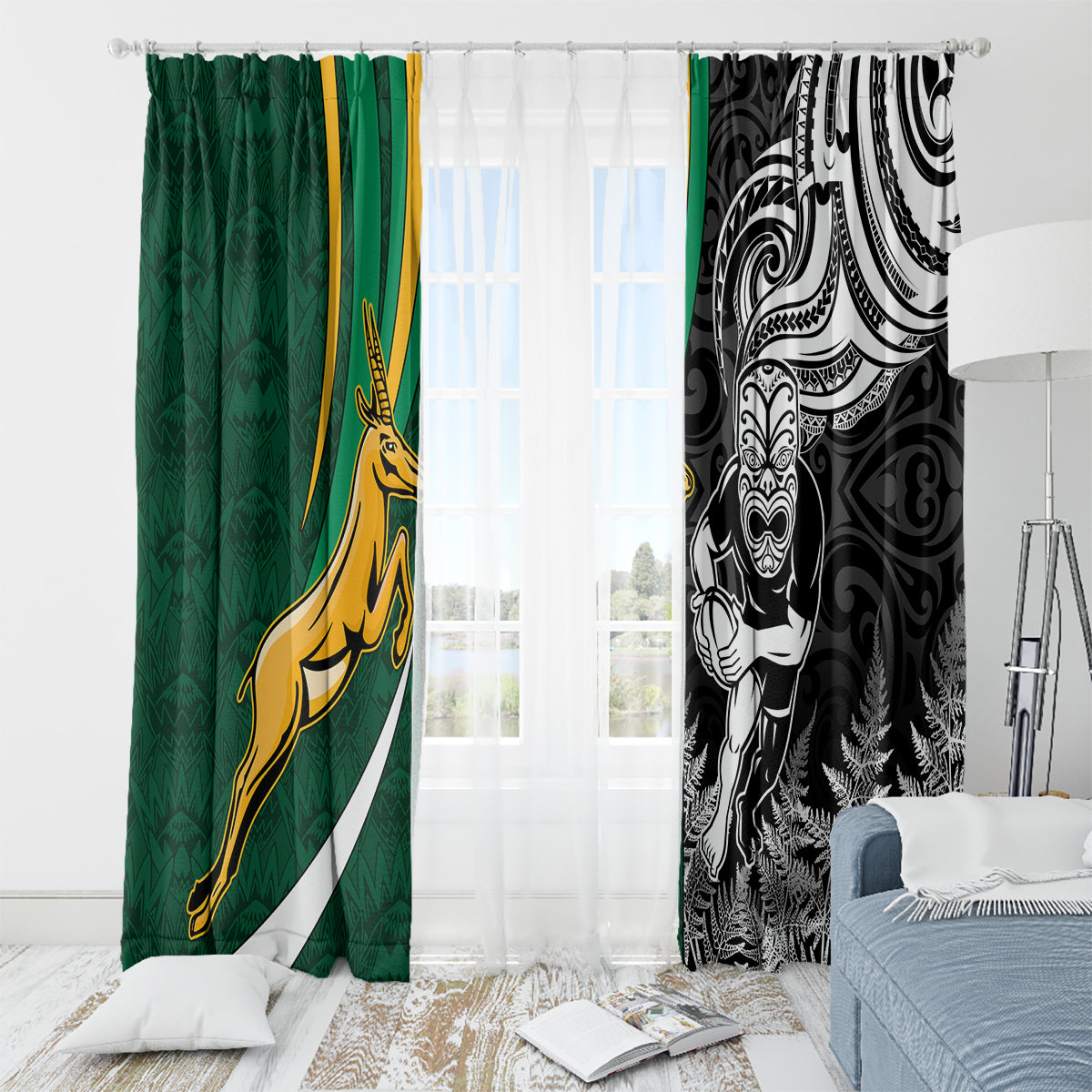 Custom New Zealand and South Africa Rugby Window Curtain Silver Fern Protea Pattern World Cup 2023 - Wonder Print Shop