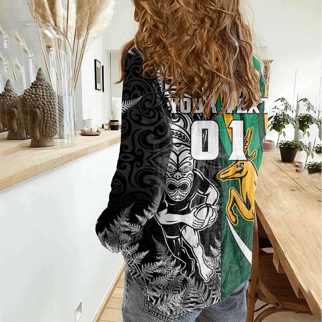Custom New Zealand and South Africa Rugby Women Casual Shirt Silver Fern Protea Pattern World Cup 2023 - Wonder Print Shop