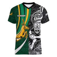 Custom New Zealand and South Africa Rugby Women V Neck T Shirt Silver Fern Protea Pattern World Cup 2023 - Wonder Print Shop