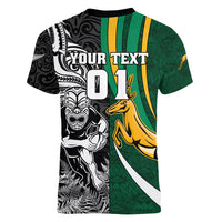 Custom New Zealand and South Africa Rugby Women V Neck T Shirt Silver Fern Protea Pattern World Cup 2023 - Wonder Print Shop