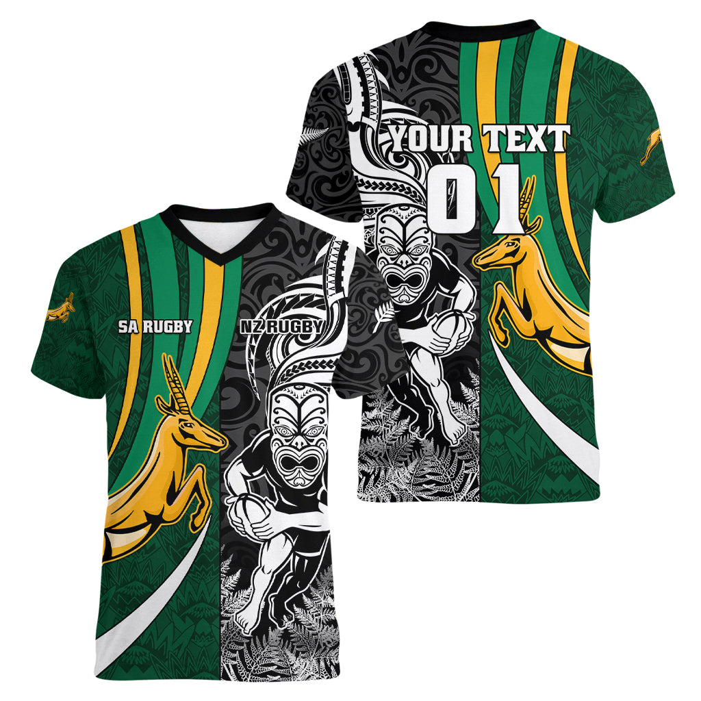 Custom New Zealand and South Africa Rugby Women V Neck T Shirt Silver Fern Protea Pattern World Cup 2023 - Wonder Print Shop