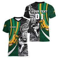 Custom New Zealand and South Africa Rugby Women V Neck T Shirt Silver Fern Protea Pattern World Cup 2023 - Wonder Print Shop