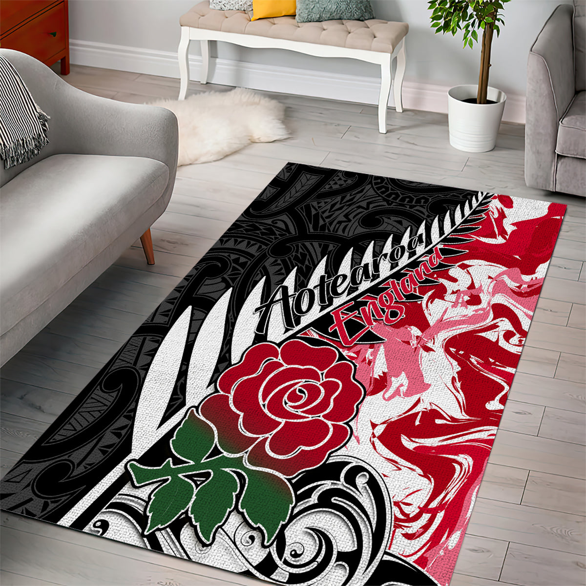 Custom New Zealand and England Rugby Area Rug Silver Fern With Red Rose World Cup 2023 - Wonder Print Shop
