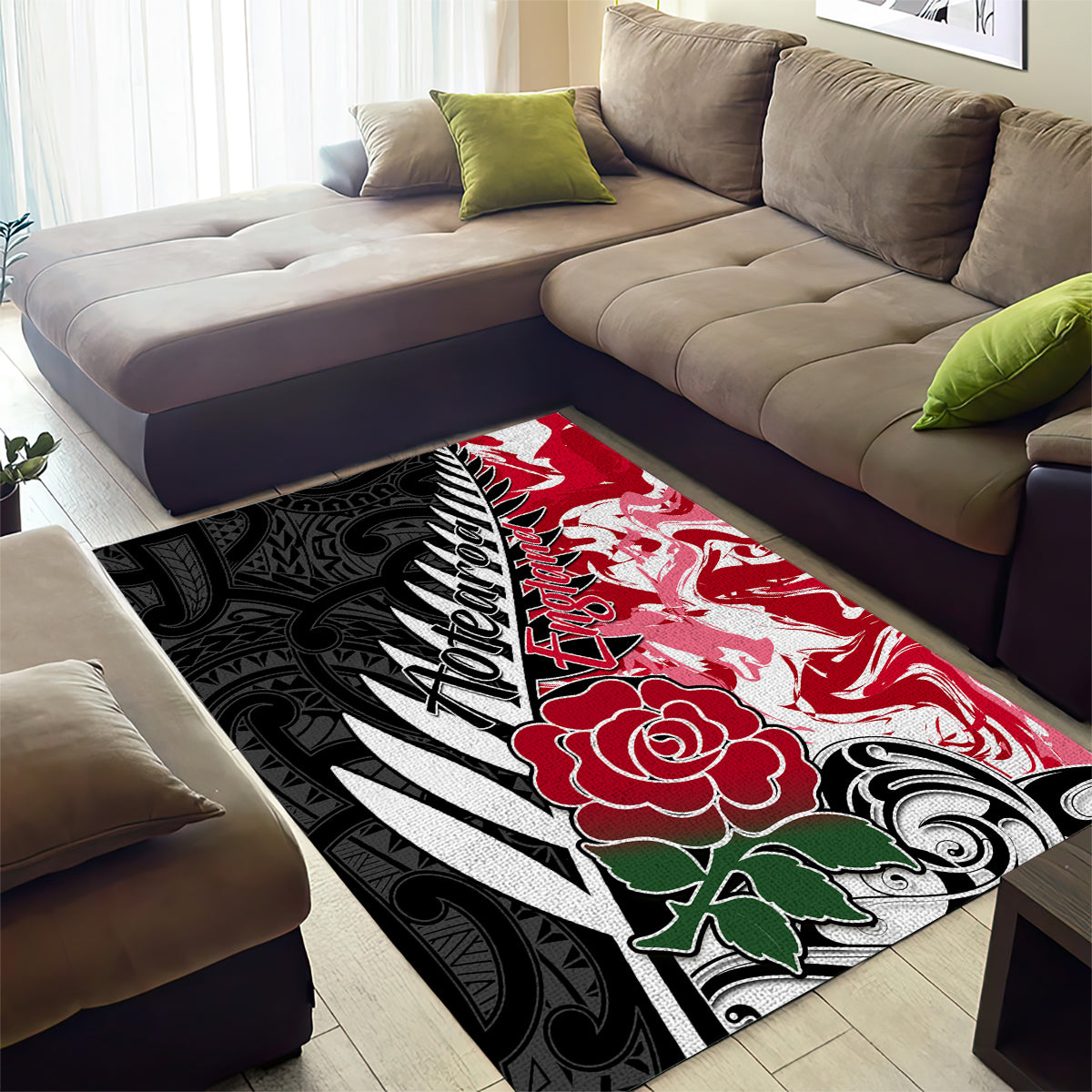 Custom New Zealand and England Rugby Area Rug Silver Fern With Red Rose World Cup 2023 - Wonder Print Shop