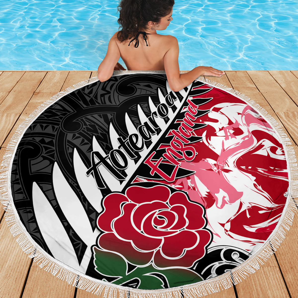 Custom New Zealand and England Rugby Beach Blanket Silver Fern With Red Rose World Cup 2023 - Wonder Print Shop