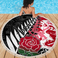 Custom New Zealand and England Rugby Beach Blanket Silver Fern With Red Rose World Cup 2023 - Wonder Print Shop