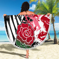 Custom New Zealand and England Rugby Beach Blanket Silver Fern With Red Rose World Cup 2023 - Wonder Print Shop