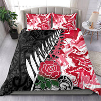 Custom New Zealand and England Rugby Bedding Set Silver Fern With Red Rose World Cup 2023 - Wonder Print Shop