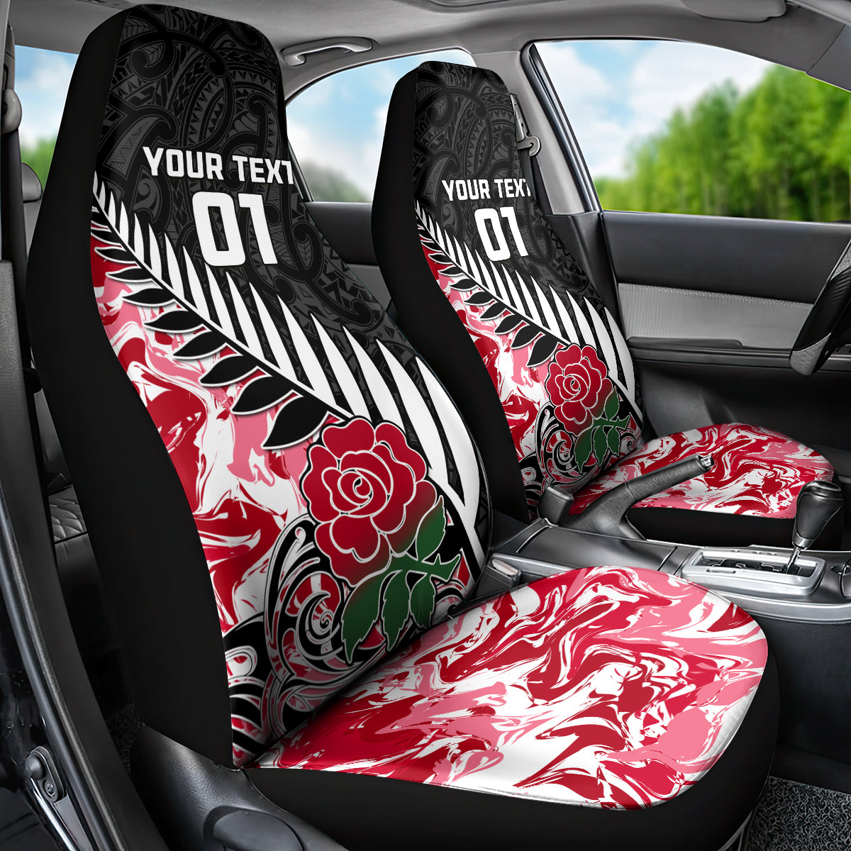 Custom New Zealand and England Rugby Car Seat Cover Silver Fern With Red Rose World Cup 2023 - Wonder Print Shop