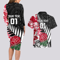 Custom New Zealand and England Rugby Couples Matching Long Sleeve Bodycon Dress and Hawaiian Shirt Silver Fern With Red Rose World Cup 2023 - Wonder Print Shop