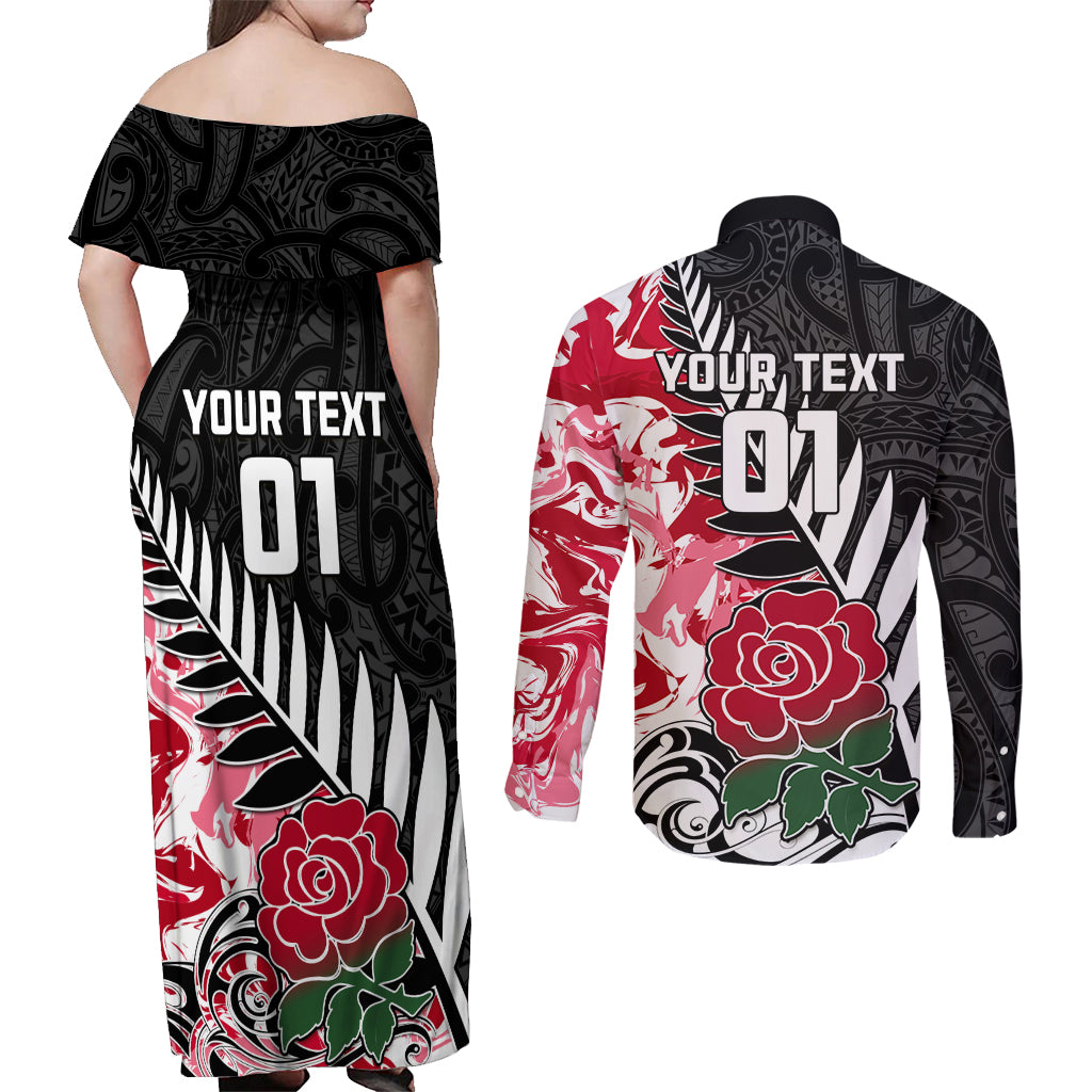 Custom New Zealand and England Rugby Couples Matching Off Shoulder Maxi Dress and Long Sleeve Button Shirt Silver Fern With Red Rose World Cup 2023 - Wonder Print Shop