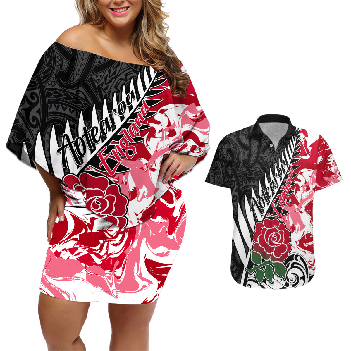 Custom New Zealand and England Rugby Couples Matching Off Shoulder Short Dress and Hawaiian Shirt Silver Fern With Red Rose World Cup 2023 - Wonder Print Shop