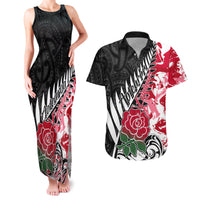 Custom New Zealand and England Rugby Couples Matching Tank Maxi Dress and Hawaiian Shirt Silver Fern With Red Rose World Cup 2023 - Wonder Print Shop