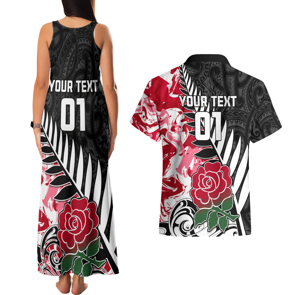 Custom New Zealand and England Rugby Couples Matching Tank Maxi Dress and Hawaiian Shirt Silver Fern With Red Rose World Cup 2023 - Wonder Print Shop